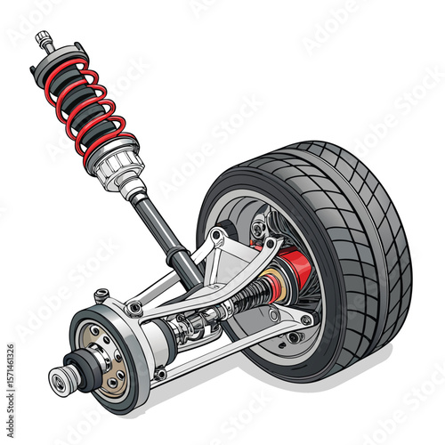 Stylized technical diagram of an F1 race car wheel and its complex suspension system.