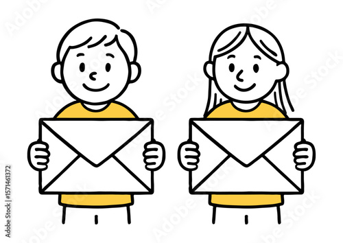 Boy And Girl Holding Envelope. Simple Doodle Style Vector Illustration, Cute Kid Art, Yellow Shirt, Hand Drawn, Playful Sketch Design