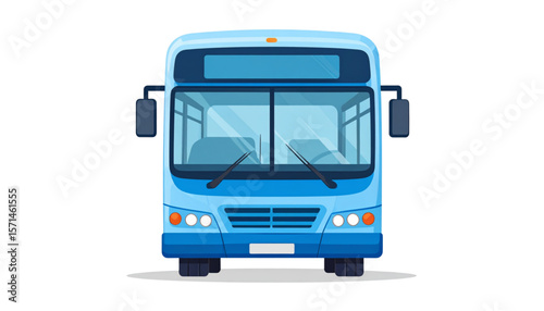 Front view of a light blue bus with a blank sign, windshield wipers, and headlights on a white background.