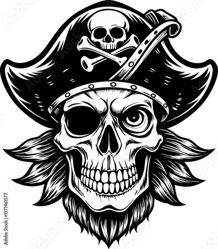 Pirate skull with beard and eyepatch in detailed black and white