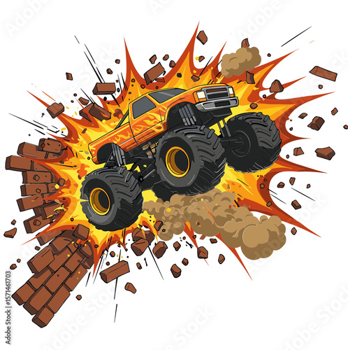 Monster truck performing a dramatic jump with explosion effect  on transparent background