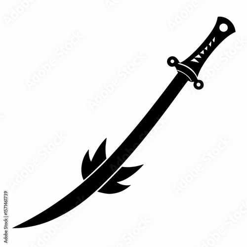Black Silhouette of a Sword with Decorative Leaves on Blade