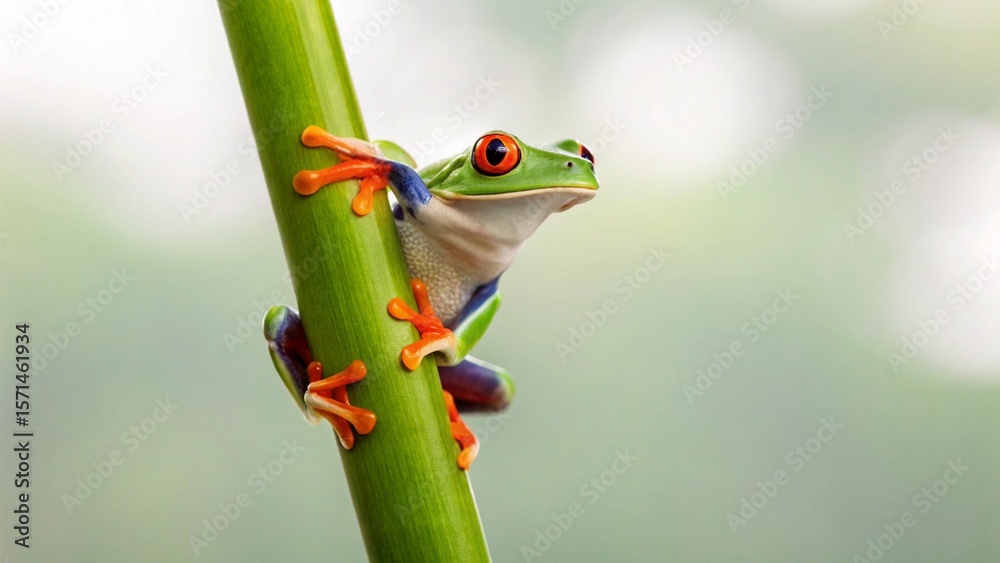 Obraz premium A vibrant Red-Eyed Tree Frog clings delicately to a bright green vertical plant stem, its striking red eyes and vivid blue and orange markings contrasting beautifully with the blurred natural backgrou
