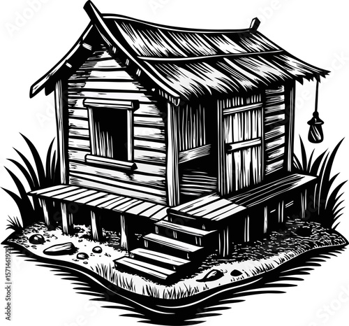 A small, old, wooden house with a porch and a ladder