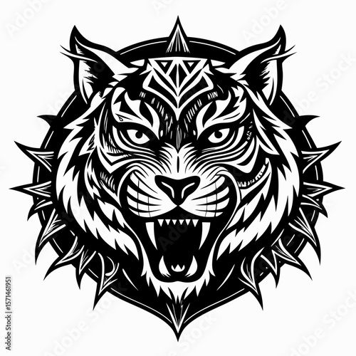 Fierce Tribal Tiger Tattoo Design with Geometric Patterns
