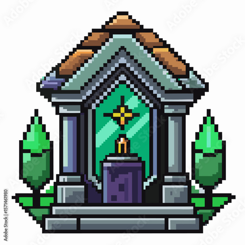 Pixel Art Shrine with Stained Glass and Trees  Retro Gaming Graphic