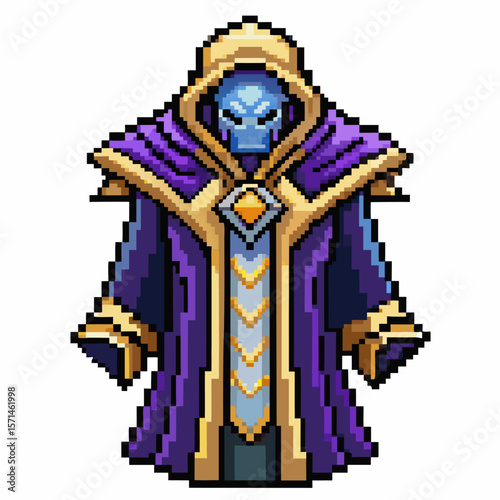 Pixel Art Wizard Character in Hooded Robe for Fantasy Game Design