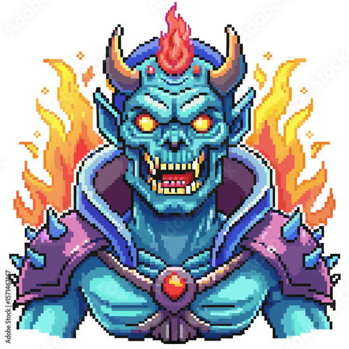 Pixel Art Demonic Skull Avatar with Flames, Fiery Horns, and Glowing Eyes in Fantasy Style