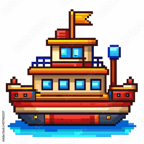 Pixelated Retro Boat with Flag on Blue Waters  Nostalgic 8 bit Digital Art