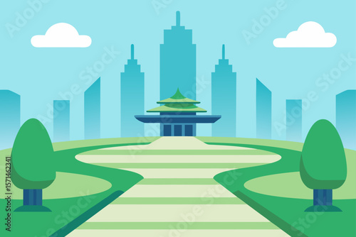 Zen Style Park In The Middle Of A Futuristic City