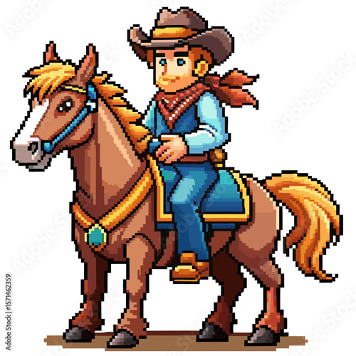 Pixel Art Cowboy Riding Horse   Retro Western Pixelated Character Design
