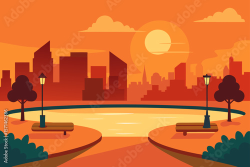 Sunset Illustration Of A City Park Pond With Paved Walking Path