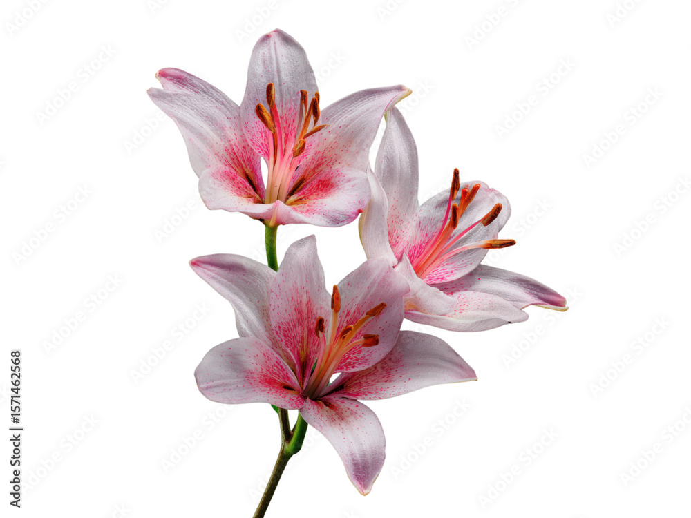 Fototapeta premium Delicate pink spotted lilies against a stark black background white stamens, Isolated, Transparent Png