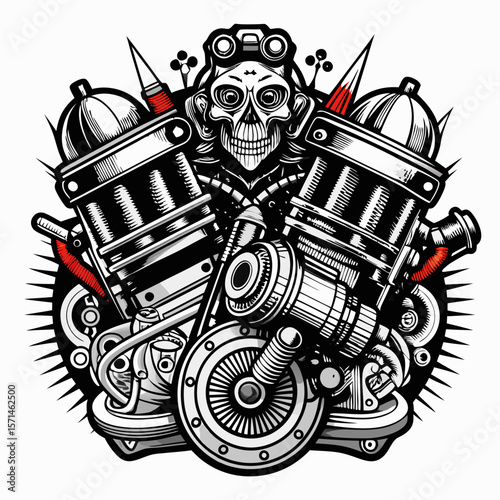 Steampunk Skull with Pistons and Gears   Industrial Retro Design Art