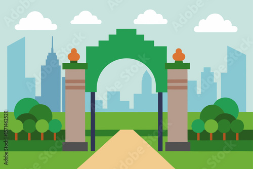 Detailed Vector Scene Of A Park Entrance Arch Leading Inside