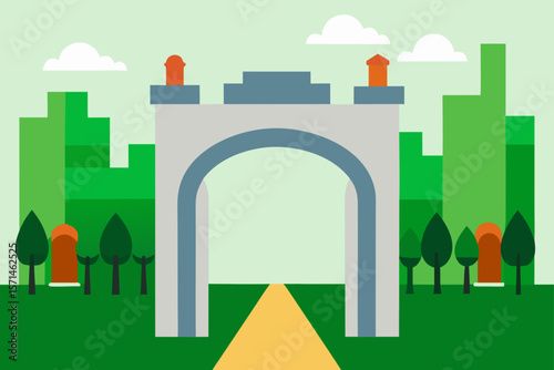 Detailed Vector Scene Of A Park Entrance Arch Leading Inside