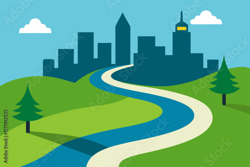Curved Riverside Pathway With City Towers On One Side