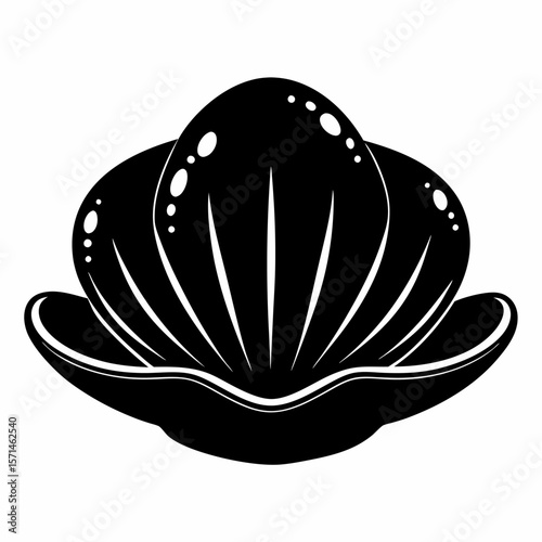 Stylized Black and White Clam Shell Icon with Pearl  Minimalist Nautical Illustration