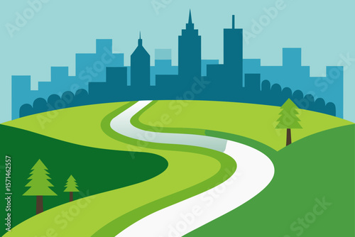 Curved Riverside Pathway With City Towers On One Side