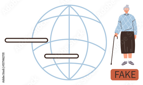 Elderly woman standing beside globe with text elements and fake stamp. Ideal for technology, disinformation, education, awareness, communication, cyber literacy, societal concepts. Simple flat