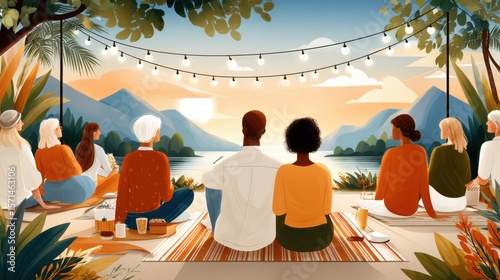 Group enjoying picturesque lake view during golden hour outdoors