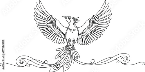 Elegant phoenix bird line art illustration, mythical creature with open wings, ornate design element, fantasy animal symbol, decorative vector graphic