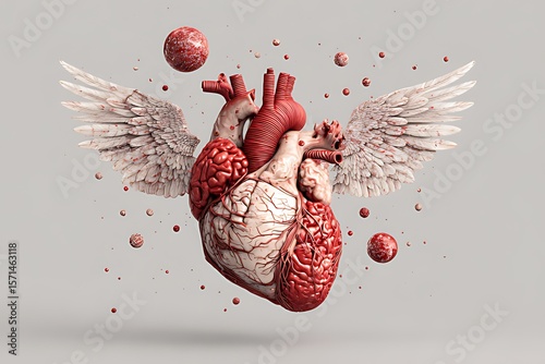 A heart with wings: A surreal, 3D anatomical representation. A 3D model of a heart with detailed anatomical features, adorned with large, flowing wings.