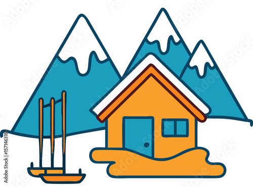 Cozy orange cabin nestled against snowy blue mountains in a winter landscape