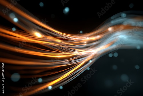 Abstract Network Flow with Orange and Blue Lights, A dynamic, abstract image of interwoven lines and glowing particles in shades of orange and blue against a dark background.