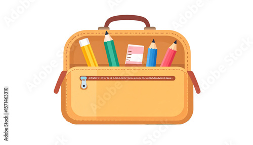 Open school bag with pencils, eraser, and zipper detail, isolated.