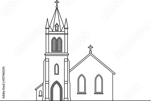 Gothic church line art illustration with steeple and cross, religious building outline, vintage architecture sketch, Christian faith vector drawing