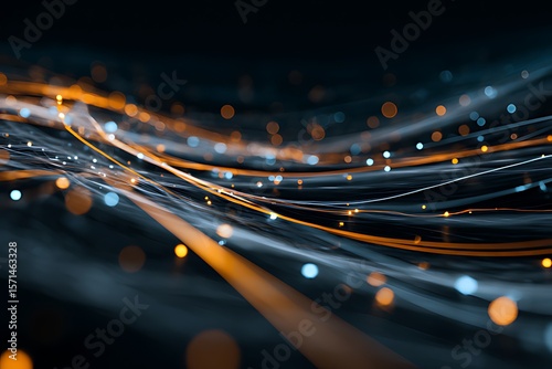 Abstract Network Flow with Orange and Blue Lights, A dynamic, abstract image of interwoven lines and glowing particles in shades of orange and blue against a dark background.