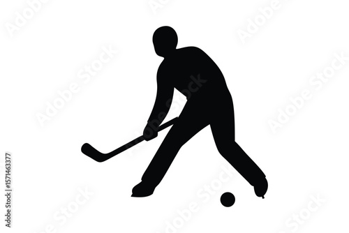 A silhouetted figure of a hockey player in a dynamic pose, bending forward while gripping a hockey stick. The player is poised to hit a puck on the ground, with one leg extended and the other slightly