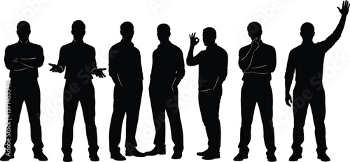 Male silhouette poses in different body language gestures, standing vector figure illustration, business casual man posture concept black graphic