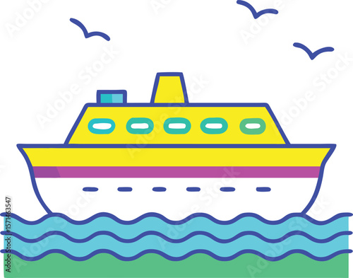 Stylized flat design cruise ship sailing on wavy blue ocean with birds