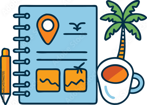 Travel planning notebook with beach photos and palm tree illustration