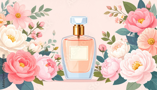 Floral illustration of a perfume bottle surrounded by blooming flowers.