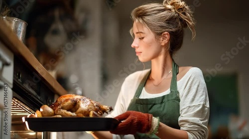 A young woman in an apron pulls a perfectly baked turkey or chicken out of the oven. Cooking process: a young housewife in an apron pulls a golden-brown bird out of the oven, preparing for dinner.