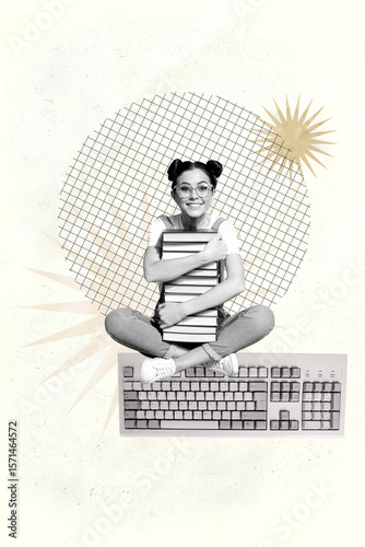 Vertical zine artwork collage of happy businesswoman stand keypad wireless device freelancer tool desktop electronic qwerty