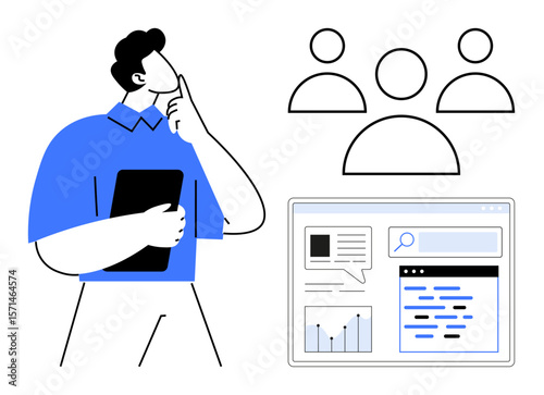 Man holding tablet thinking over data, three team members icon, and webpage analytics visualization. Ideal for teamwork, analytics, research, planning, innovation, leadership and simple landing page
