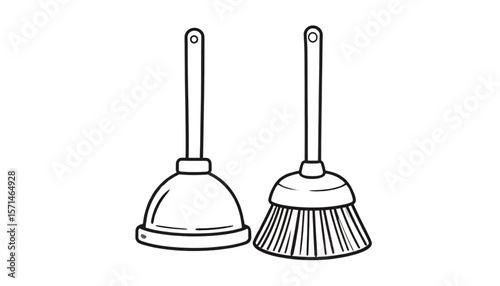 Line art illustration of a plunger and a broom, both standing upright, on a white background.