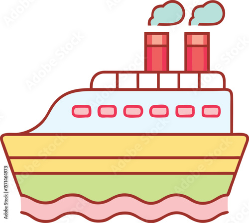 Cartoon steamship with red smokestacks and yellow hull sailing on wavy water