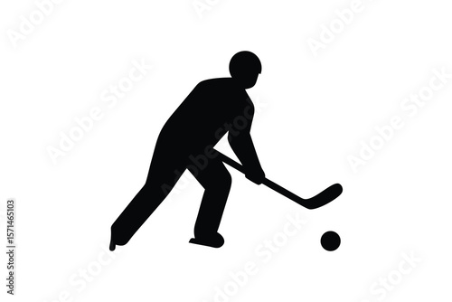 A silhouetted figure of a hockey player in a dynamic pose, bending forward while gripping a hockey stick. The player is poised to hit a puck on the ground, with one leg extended and the other slightly