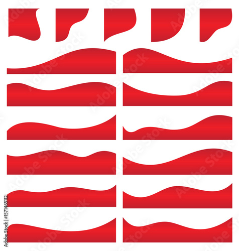 Red Wavy Borders and Decorative Shapes, curve footer border, curve lines element graphic, curved shape for banner, leaflet and others design elements.