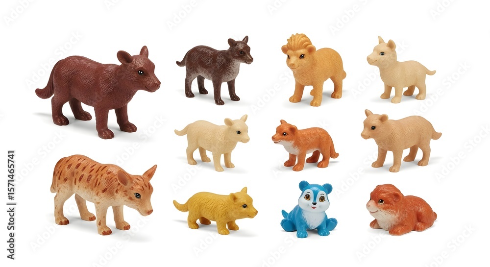 Fototapeta premium Overhead Flat Lay of 11 Colorful Plastic Animal Figurines on White Background – Bear to Hamster Toy Collection for Imaginative Play and Education 