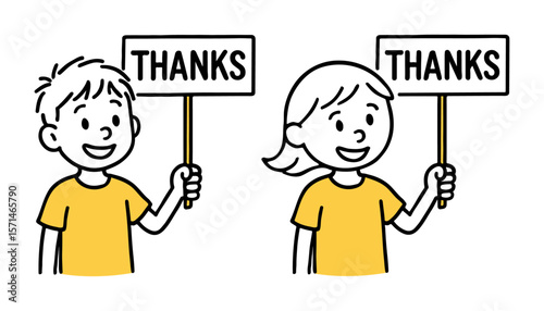 Boy And Girl Holding THANKS Sign. Hand Drawn Kid Illustration, Happy Expression, Doodle Sketch Style, Thank You Message Vector Illustration