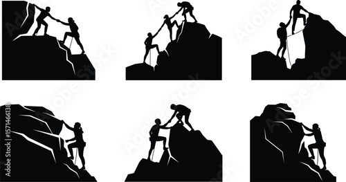 Silhouette of mountain climbers helping teammates, outdoor teamwork, rock climbing adventure, support, success, challenge, hiking concept, vector illustration