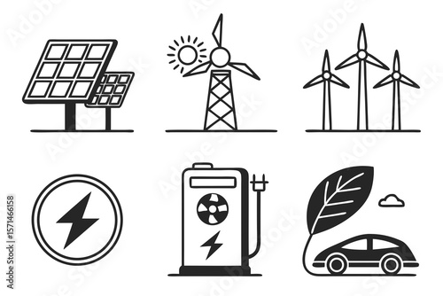 Renewable energy sources and electric vehicle charging icons