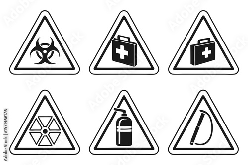 Warning signs for hazards and safety precautions