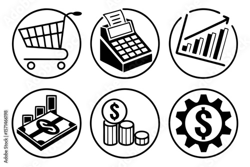 Black and white icons depict shopping, finance, and business